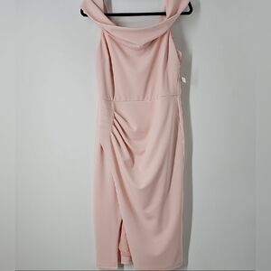 Elegant Soft Nude Pink Off Shoulder Rusched Waist Front Slit Feminine Dress